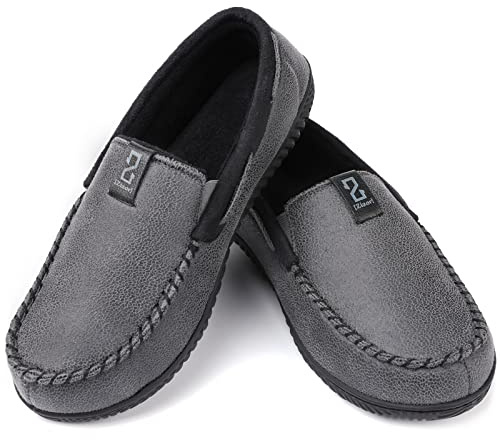 Zizor Men's Suede Moccasin Slippers, Cozy Memory Foam House Shoes with Anti Skid Rubber Sole, Dark Grey, 10 UK