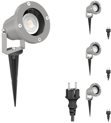 ledscom.de 4 Stück Gartenstrahler DUK mit Erdspieß für außen, IP65, Stecker, grau, inkl. GU10 LED 535lm weiß