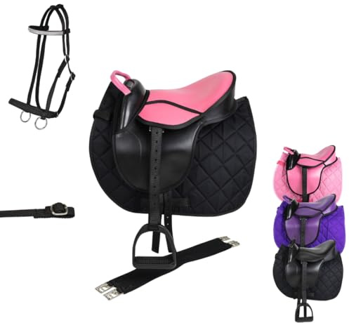 Marengos - Holzpferd Sattel Set Advanced – Pink/Schwarz – 12 | Sattel mit Sattelgurt, Schabracke, Trense, Steigbügel & -Riemen – Kunstleder