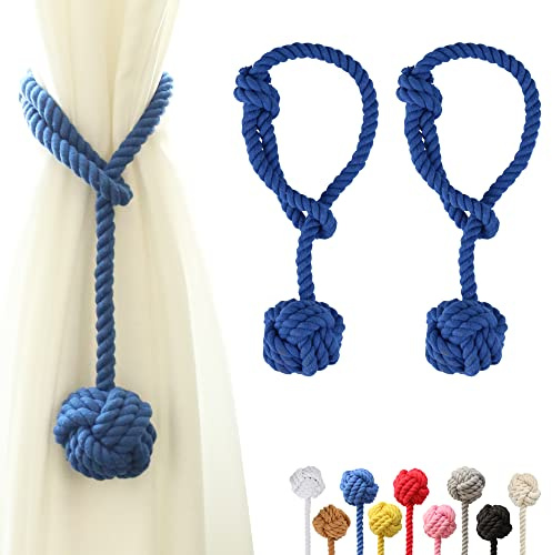 OCIOLI 2 alzapaños de Cortina con Gran Bola Tejida para Exteriores, alzapaños de algodón Tejido a Mano, alzapaños Decorativos para Cortinas (Azul，2)