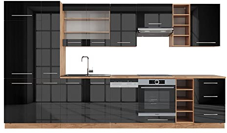 Vicco Küchenzeile Fame-Line, Anthrazit Hochglanz/Goldkraft Eiche, 355 cm ohne Arbeitsplatte, geeignet zur individuellen Erweiterung mit Zusatzmodulen