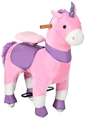 HOMCOM Cavallo a Dondolo Giocattolo da Equitazione con Ruote a Forma di Unicorno, Gioco Cavalcabile per Bambini da 3-6 Anni, 70x32x87cm, Rosa