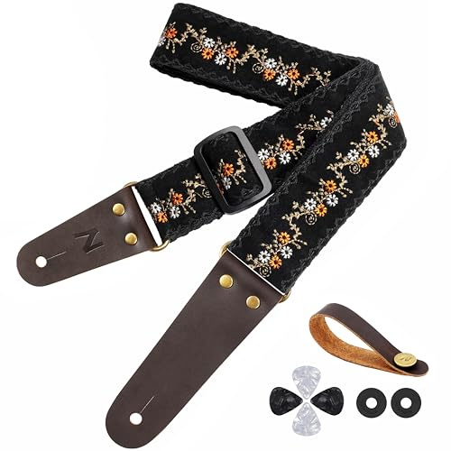 Nefelibata - Tracolla per chitarra, vintage, in cotone, con estremità in vera pelle, per basso, chitarra elettrica e acustica, con bottone per tracolla, 1 paio di blocca tracolla e 4 plettri