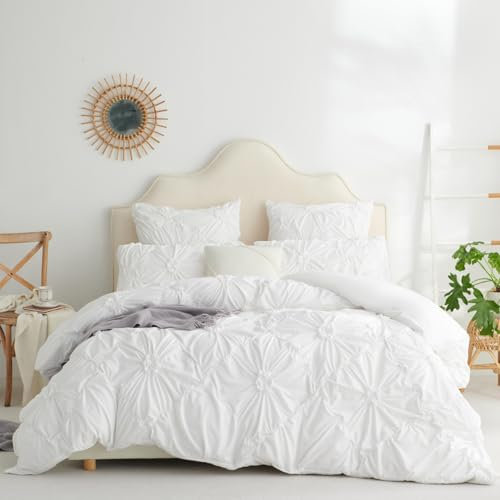 Freyamy Bettwäsche 135x200cm 2teilig Weiß Pintuck Plisseefalten Mädchen Bettwäsche Pinch Pleat Luxus Bettwaren-Sets 100% Microfaser Weiche Bettbezug mit Reißverschluss und Kissenbezug 80x80cm