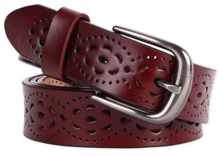 Jiusely Fashion Hollow Flower Design Ladies Waist Belt,Vintage Genuine Cowhide Leather Women's Belt, Women Leather Belts, Retro Alloy Buckle Belt for Jeans Dresses (Coffee)