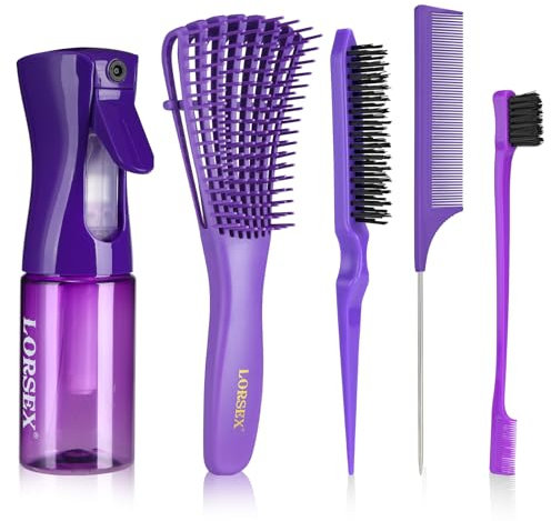 LORSEX Hair Brush with 200ml Hair Spray Bottle, Detangle Hair Brush for Black Natural Hair, Afro American Type 3a-4c, 3 Pcs Slick Brush Set (Purple)