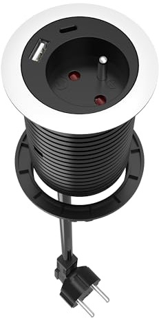 Ucomen - Toma empotrable compacta con 1 enchufe, 1 puerto USB C, 1 puerto USB A, 60 mm de diámetro, 1,5 m de cable, multuprise para oficina, muebles, cocina, negro