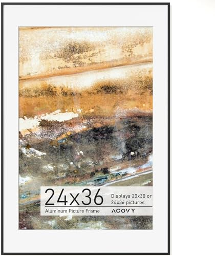 Acovy 24x36 Poster Frame Black, 24x36 Frame with Mat for 20x30, Premium Aluminum 24 x 36 picture frame, HD Tempered Glass, Metal Photo Frame for Wall Display (Black, Pack of 1)