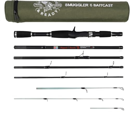 Rigged and Ready Smuggler 6 Baitcast Rod Travel Fishing Rod + Case. Rod Lengths 170cm 5’7”, 190cm 6’3”, 215cm 7’ with 3 Tips for Spin and Bait General Freshwater and Sea Fishing