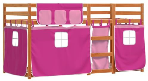 vidaXL Etagenbett, Kinderbett mit Vorhängen Leiter, Hochbett Spielbett für Kinder ab 6 Jahren, Doppel Stockbett Bett, Rosa 90x200cm Massivholz Kiefer