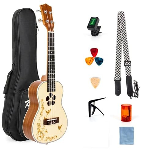 Professionelle Ukulele Massive Fichten-Ukelele 23-Zoll-Einsteigerset Mit Gigbag-Gurt, Stimmgerät, Saitenpicks, Kapodaster Und Sandstreuer