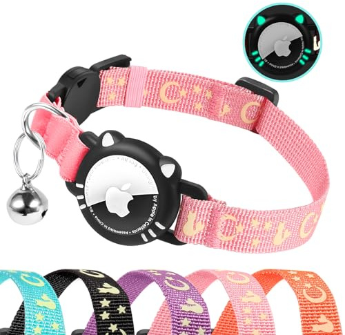 AgoumLux Airtag Katzenhalsband, Halsband Katze Halter Kompatibel mit Apple Air Tag, Reflektierend Katzenhalsband mit Glocke, GPS Tracker Halsband für Katzen, Pink, XS(17.5-23 cm)