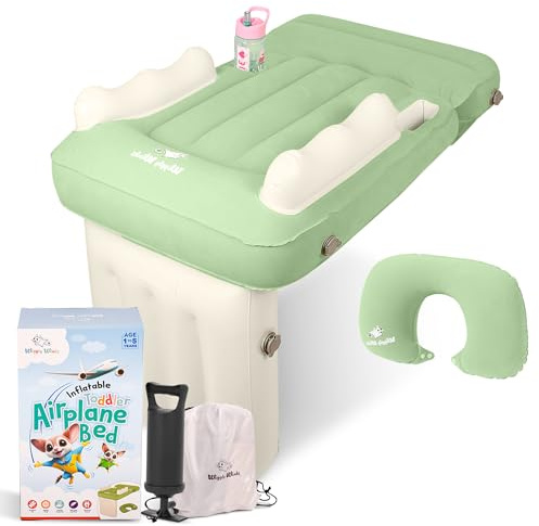 Wiggly Winks Toddler Airplane Bed – Inflatable Airplane Bed for Toddler & Baby Airplane Bed w/Neck Cushion, Safety Belt, Carry Bag, Fast Pump, Cup Holder, Storage Pocket – Seat Extender (Sage Green)