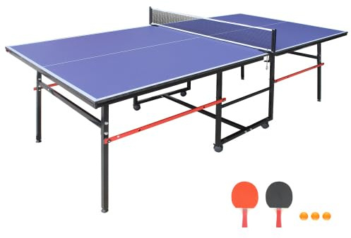 HaoKang Folding Rolling Table Tennis Table Regulation Ping Pong Table with 2 Paddles 2 Balls 1 Net and Post Set Fold-Up Design 4 Wheels for Easy Movement, Blue (8 FT)