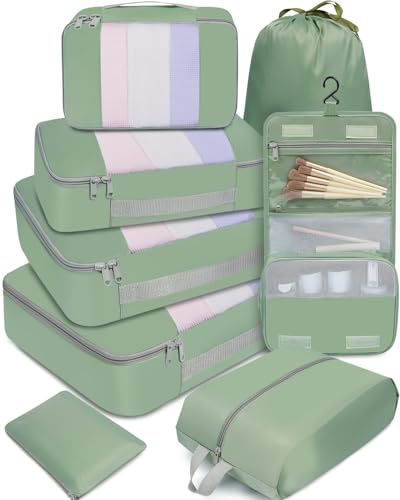 BAGAIL Set di 8 cubi da viaggio di varie dimensioni Organizer da viaggio per accessori Bagaglio a mano - Verde matcha