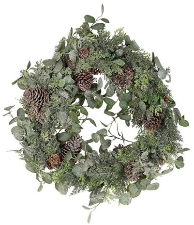 BUTLERS Künstlicher Eukalyptus-Kranz Ø80 cm – FLORISTA – Dekokranz mit Blättern Tannenzapfen aus Kunststoff | Kranz vereist aus Zweigen zum Hängen | Türkranz Deko Winter Wandkranz