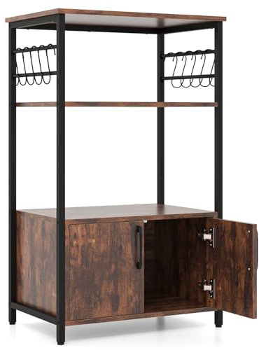 GIANTEX Küchenregal mit 3 Ebenen, Mikrowellenregal mit 1 Türschrank und 10 abnehmbaren Haken, Industrieschrank für Küche, Wohnzimmer, Esszimmer, Braun und Schwarz