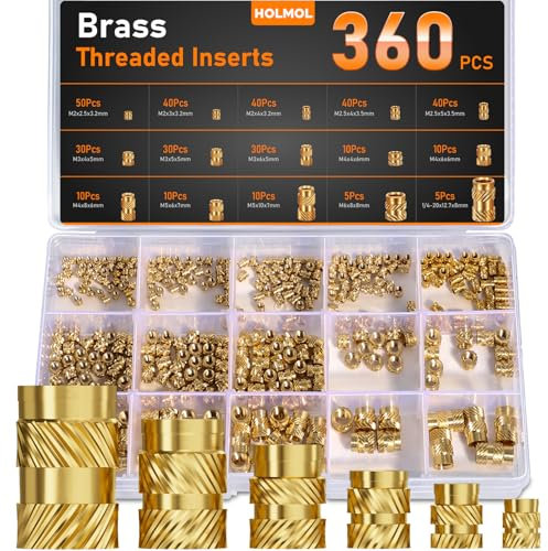 HOLMOL - Set di 360 inserti filettati in ottone M2 M2.5 M3 M4 M5 M6 per plastica, dadi di pressatura zigrinati per accessori di stampa 3D e progetti fai da te, inserti filettati con scatola