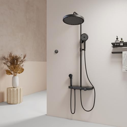 EMKE Duschsystem mit Thermostat 40 cm LED-Anzeige Glasablage, Regendusche Duschsystem mit Elternteil und Kind Handbrause, Einfach Install Duschsystem, KTW-zertifiziertes Duschset, Schwarz