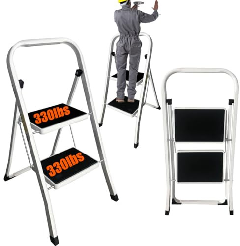 Escalera plegable de 2 peldaños con pasamanos – Escalera con pedal ancho antideslizante, escalera con pasamanos cómodo (150 kg de carga) – Escalera plegable para el hogar, jardín y bricolaje