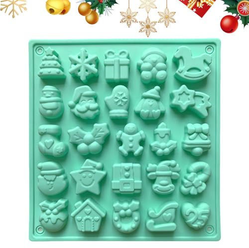 25 Cavity Christmas Silicone Chocolate Mould Xmas Candy Mold Trays Present Baking Jelly Sweet Mould Non-Stick Heat Resistance Christmas Themed Shapes for Chocolate Cake DIY Handmade Soap (Green)
