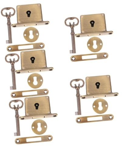 SHINEOFI 5sets Vintage Cabinet Lock Brass Drawer Lock Replacement Desk Drawer Key Retro Style