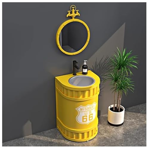 ZTGL Lavabo su Piedistallo da Bagno, Lavandino A Colonna in Ferro Battuto, Stile Industriale Lavabo Freestanding per Bagni, Lavello a Colonna da Appoggio con Rubinetto e Scarico B1, with Mirror