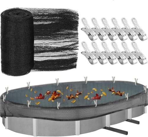AIHSUMC Rechteckige Poolabdeckung, 10x5.5m Teichnetz für Rechteckige Aufstellpools, feinmaschig (12x12mm) Pool Netz mit 12 Metallklammern, idealer Schutz von Schwimmbädern vor runterfallenden Blättern