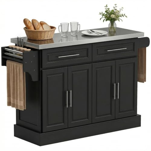 HOMCOM Isla de Cocina con Ruedas Carro de Cocina con Tablero de Acero Inoxidable 2 Cajones 4 Puertas 2 Estantes Ajustables Especiero y Toallero 145x45x93 cm Negro