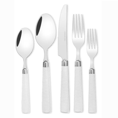YGDLUCK Juego de Cubiertos de Cocina de Acero Inoxidable con Mango de Cuero ABS. Incluye Cuchillo, Tenedor, Cuchara y cucharilla. Color Blanco (5 Piezas).