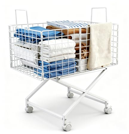 Rolling Laundry Basket with Wheels - 27 Elevated Wire Laundry Hamper, 80L Sturdy Metal Laundry Cart, 10-Min 8-Screw Assembly, Ergonomic No-Bending Mobile Clothes Bin for Laundry Room (White)