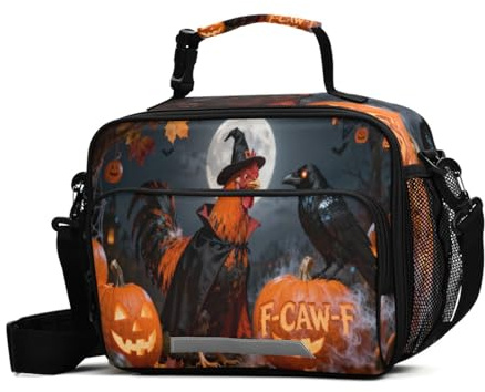 GuoChe Lonchera de Halloween con diseño de gallo y calabaza y sombrero de bruja, impermeable, a prueba de fugas, para adultos, con correa ajustable para el hombro, recipientes de almuerzo para el