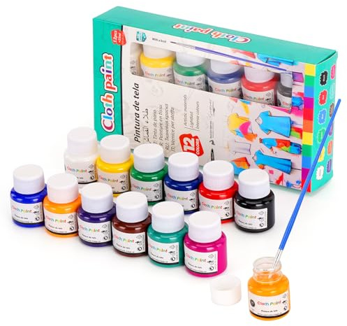 TOVIKI Pintura Textil Permanente Lavable No Tóxica, 12 Colores (25ml cada una) con 1 Pincel, Ideal para Camisetas, Zapatillas, Jeans y Bolsas
