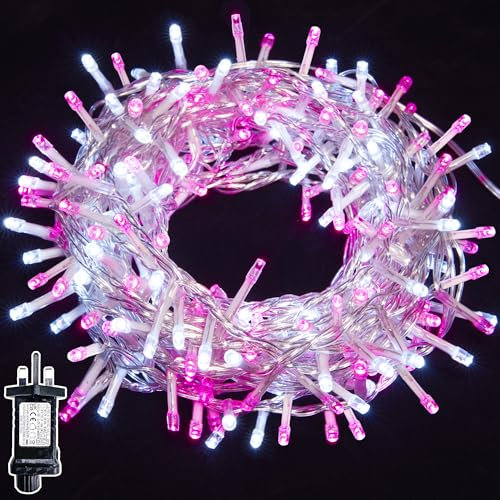 WISD Christmas Lights - 200 LED 13M Dimmable Xmas Tree Lights with 12 Modes, Timer and Memory - Indoor Outdoor Fairy String Lights Mains Powered for Garden Bedroom Party Decoration (Pink + White)