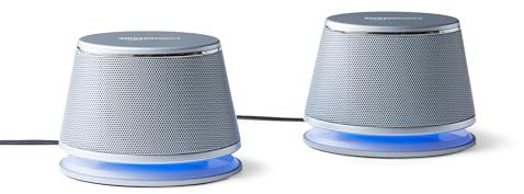 Amazon Basics Altoparlanti stereo 2.0 per PC fisso o portatile, ingresso AUX da 3,5 mm, alimentazione USB, 1 paio, argento