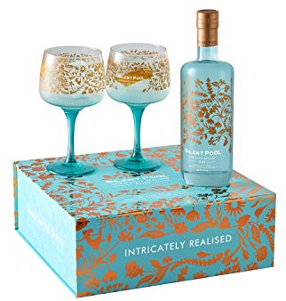 SILENT POOL - Ultra Premium London Dry Gin Gift Box With 2 Copa Glasses - Award-Winning - Layered, Fragrant, Balanced - To Enjoy Over Ice - Couple Ultimate Gin Gift - 43% ABV - 70 cl