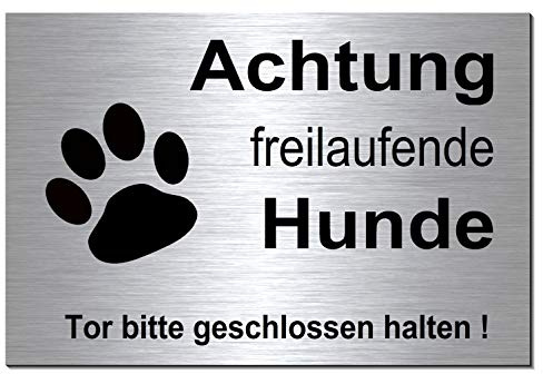Freilaufende Hunde-Hund-Schild-30 x 20 cm-Hundeschild-Aluminium Edelstahloptik-Hunde-Warnschild-Hinweisschild 133-11 (300 x 200 x 3 mm silber mit Löcher)