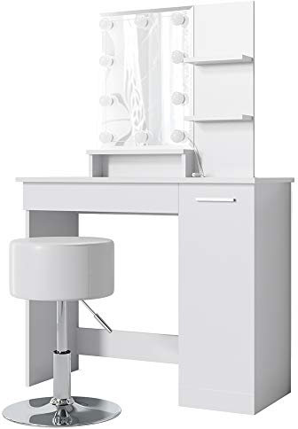 Vicco Schminktisch Julia, Kosmetiktisch mit Spiegel, Weiß, 90 cm mit LED Beleuchtung und Hocker