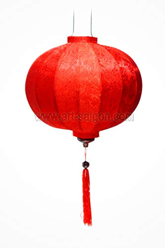 Laterne Lampion Asiatische aus Seide Rot, R Ø33cm - Traditionelle Hoi An Hängelampe aus Stoff, Bambus und Holz - Dekoration und Handwerk aus Vietnam (R20-R)