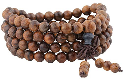 KYEYGWO Mala Bracelet Perlé, Élastique Protection Collier Bouddhiste de 108 Perles en Bois avec Nœud Chinois 25, Bois Poire