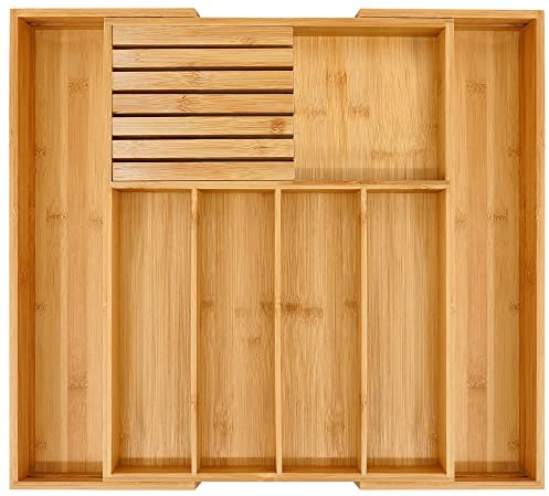 VaeFae Besteckkasten für Schubladen aus Bambus, erweiterbarer Schubladen Organizer Küche, Breite von 32 auf 55 cm,Besteckeinsatz für Schubladen mit Messerblock,verstellbarer Besteckkasten aus Holz