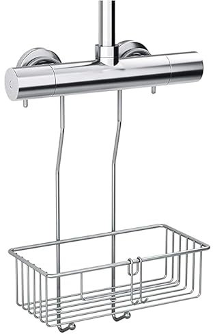 BAMODI Mensola Doccia in Acciaio Inossidabile – Cestino Portaoggetti da Doccia Antiruggine con Ganci – Portaoggetti da Appendere con Guaine in Silicone e Anelli in Gomma Antirumore – Accessori Bagno