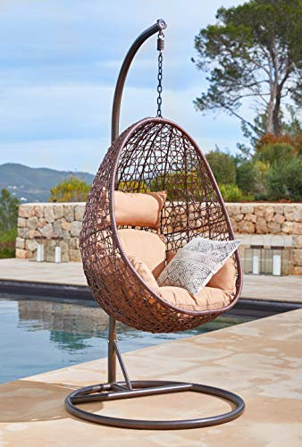 Kideo Poltrona sospesa con struttura e cuscino per sedersi, mobili lounge in polyrattan, sedia a sdraio da salotto (marrone/beige)