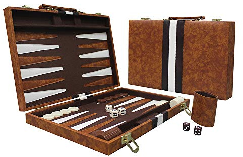Sun Flair Backgammon Set - 15 Inch Backgammon Sets for Adults, Folding Classic Board Game with Premium Leather Case, Best Strategy and Tip Guide Enclosed (Brown, Medium)