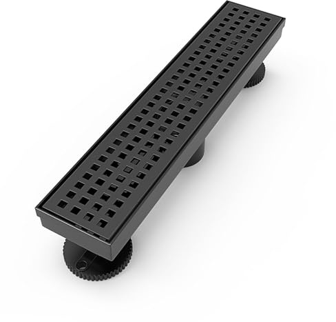 WEBANG 12 Inch Linear Shower Drain Rectangular Floor Drain with Accessories Square Hole Pattern Cover Grate Removable SUS304 Stainless Steel CUPC Certified Matte Black