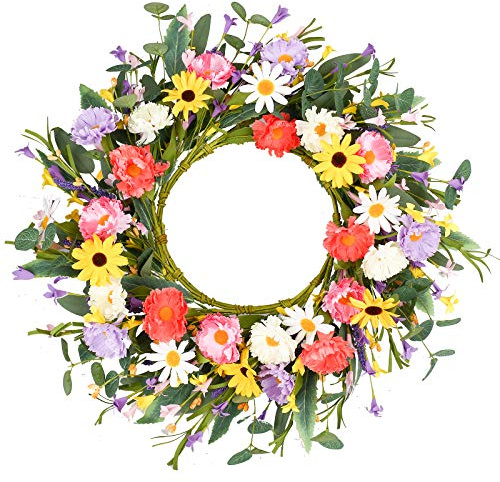 VioletEverGarden Artificial Spring Wreath 20” Purple Yellow White and Pink Flower Wreaths Summer Door Wreath for Home Party Festival Wedding Decor