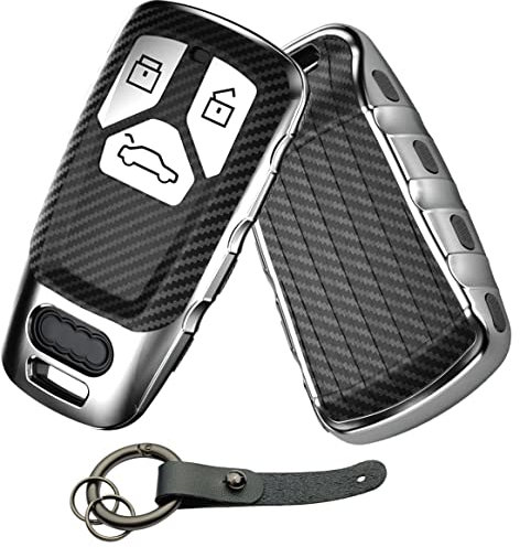 Baisirui Autoschlüssel Hülle kompatibel mit Audi Schlüsselhülle A6 A1 A7 A3 Q3 A4, Tpu Schlüsselhülle Cover, Schlüssel Hülle mit Schlüsselanhänger (C-Carbonfaser Silber)