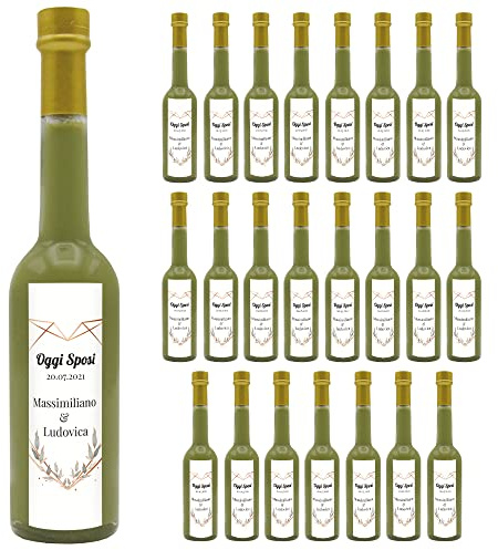 24 bottiglie personalizzate di Liquore perfetto per bomboniere per matrimonio, anniversario, battesimo e comunione (Crema di Pistacchio, Cuore floreale)