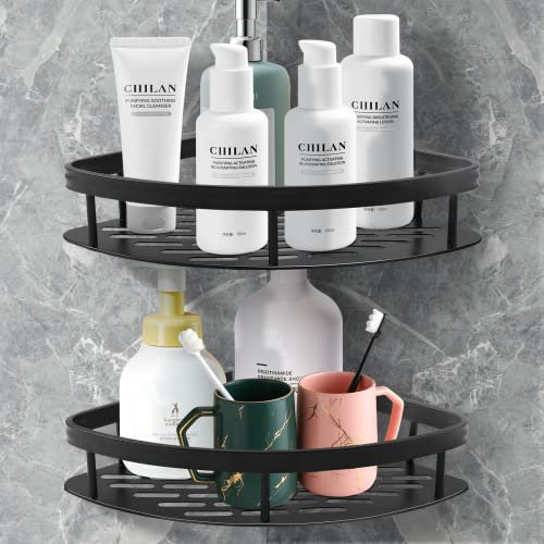 LONENESSL Corner Shower Caddy,Bathroom Organiser,Bathroom Storage 2 Pack, Adhesive Storage Rack for Toiletries, Shower Shelf Drill-Free or Drilling Install Options Shampoo Holder, Black