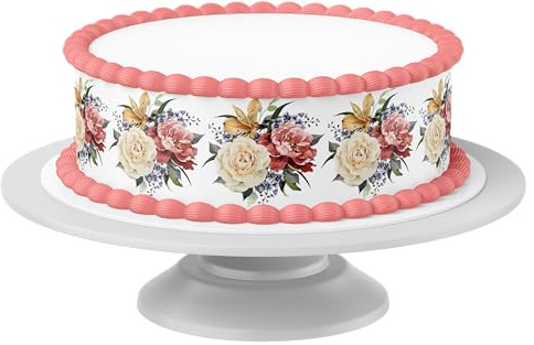 Tortenband Vintage Blumen essbar - 4 Stück á 24cm x 5cm passend für Torten bis 30 cm zum mitessen - kreative Dekoration für Torten